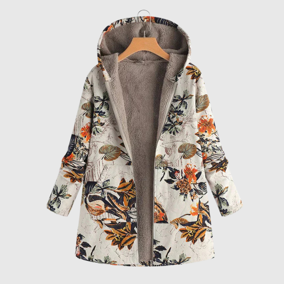 Willow warm hooded jacket in cream and orange floral print, front view