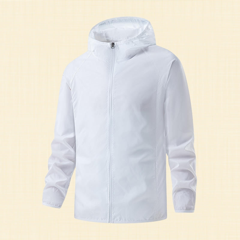 Vera waterproof shield jacket in white, front view with hood