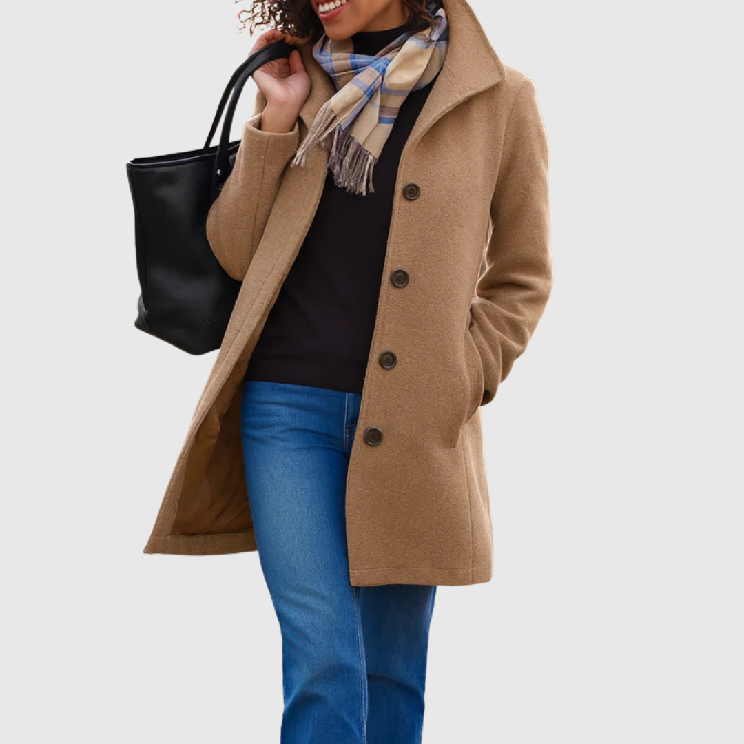 Connie classic coat in khaki, worn with jeans, front view