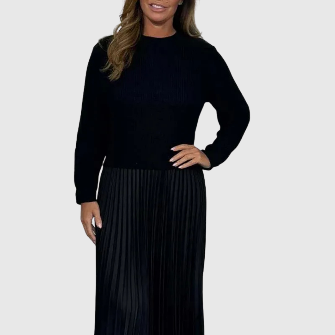Alarice ribbed knit top in black, close view of neckline and sleeves