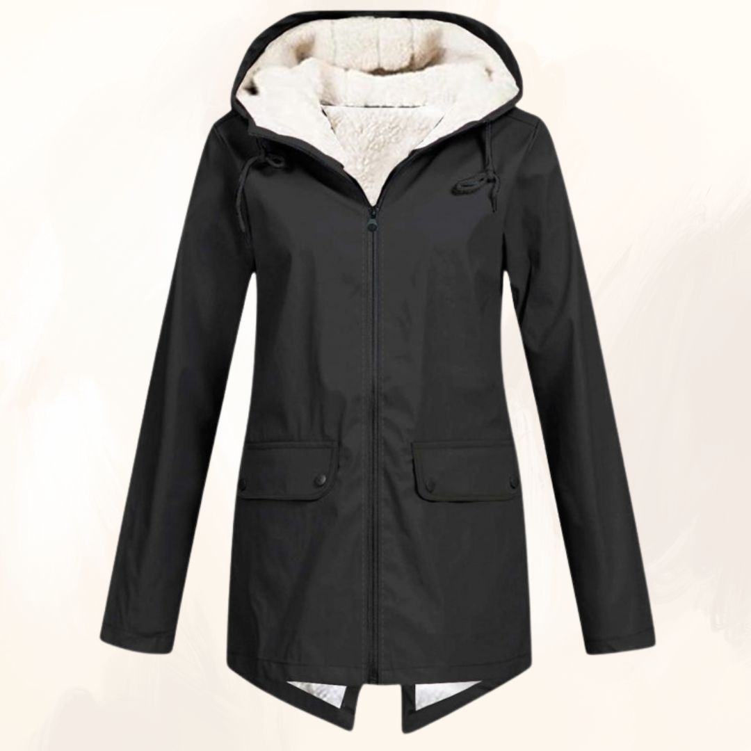 Evelynne winter fur jacket in black, front view with zip and flap pockets