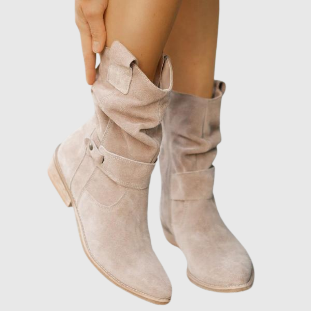 Corissa suede boots in beige, close-up of gathered shaft