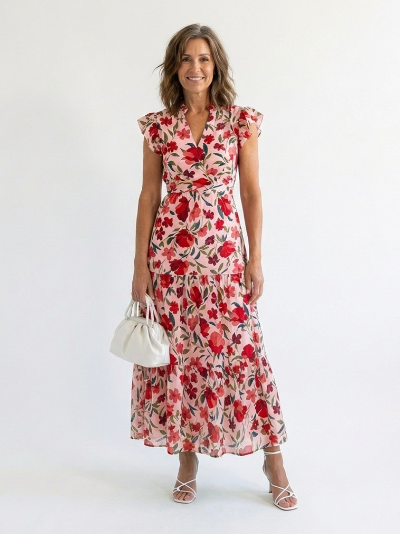 Lila floral tiered midi dress in red, full-length front view