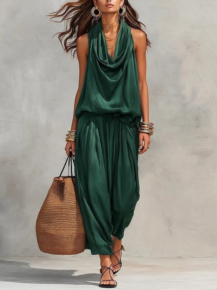 Demetria draped two-piece set in green, front view