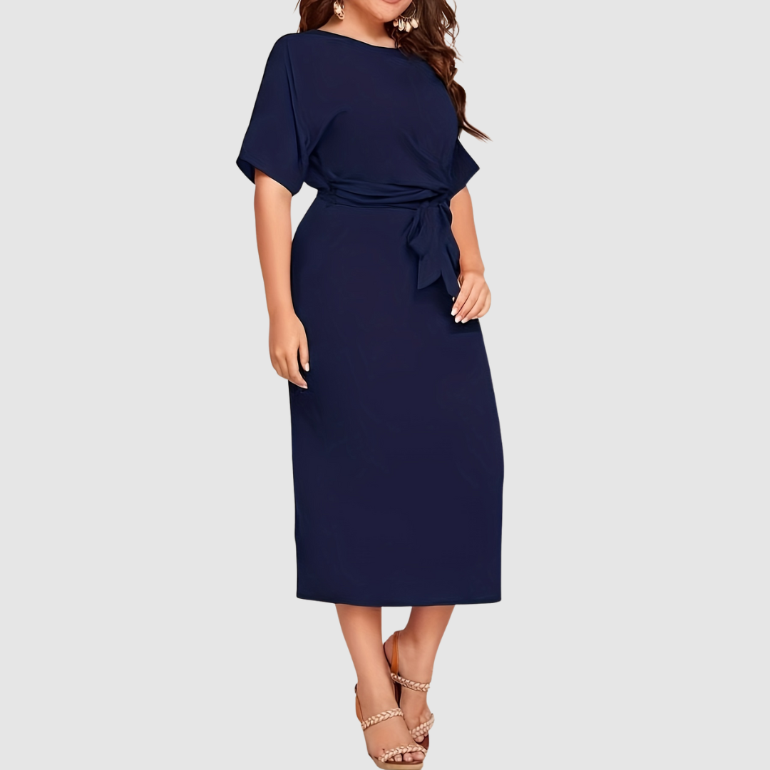 Margaux Lane timeless midi dress in navy blue, full-length side view
