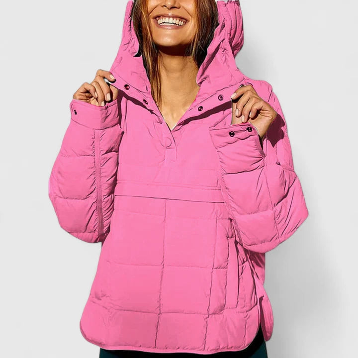 Saphina pullover jacket in pink, close-up of hood and stud fastening