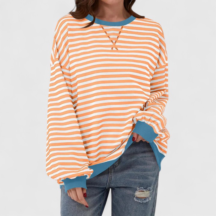 Olwyn everyday striped sweater in orange and white with blue trim, front view