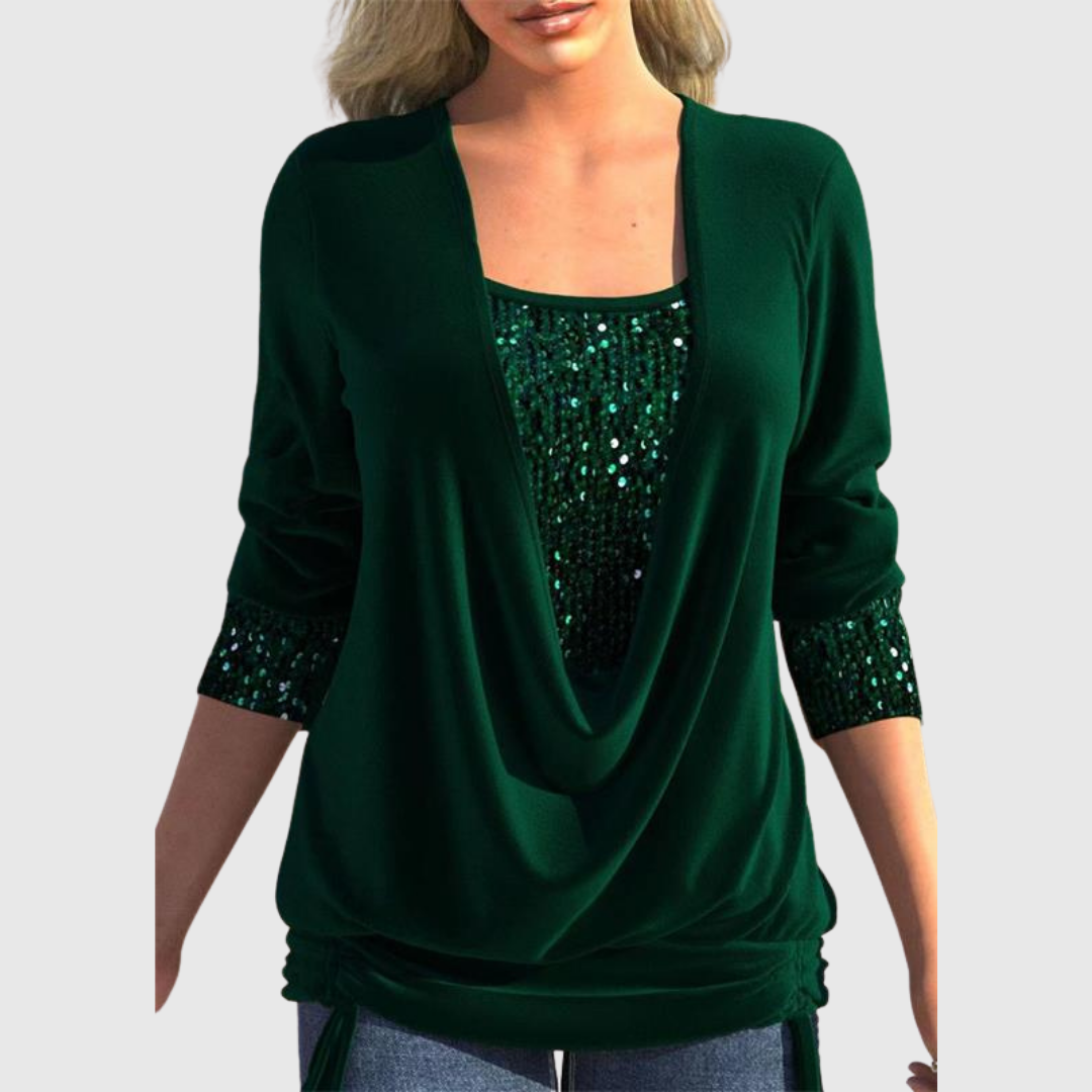 Odeline sequin layer blouse in green, front view with sequin cuffs