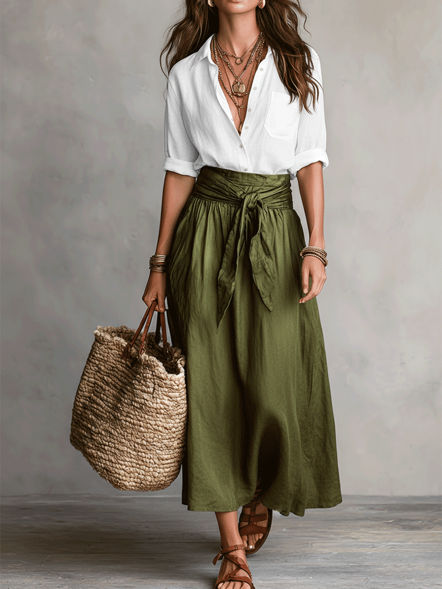 Boho skirt set with white shirt and olive green skirt, full-length front view
