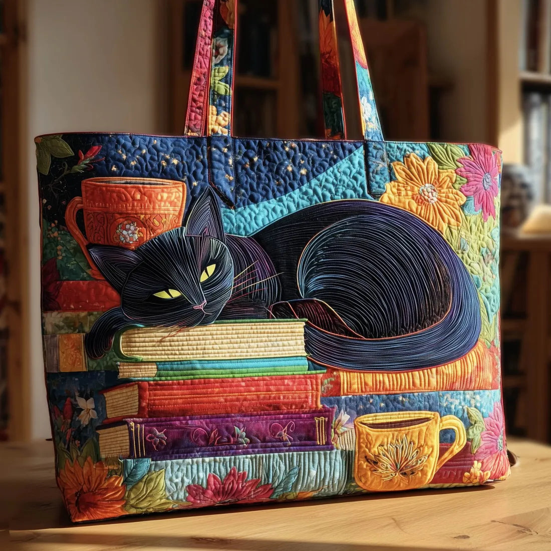 Multicoloured tote bag with sleeping black cat, stacked books and cups design, front view