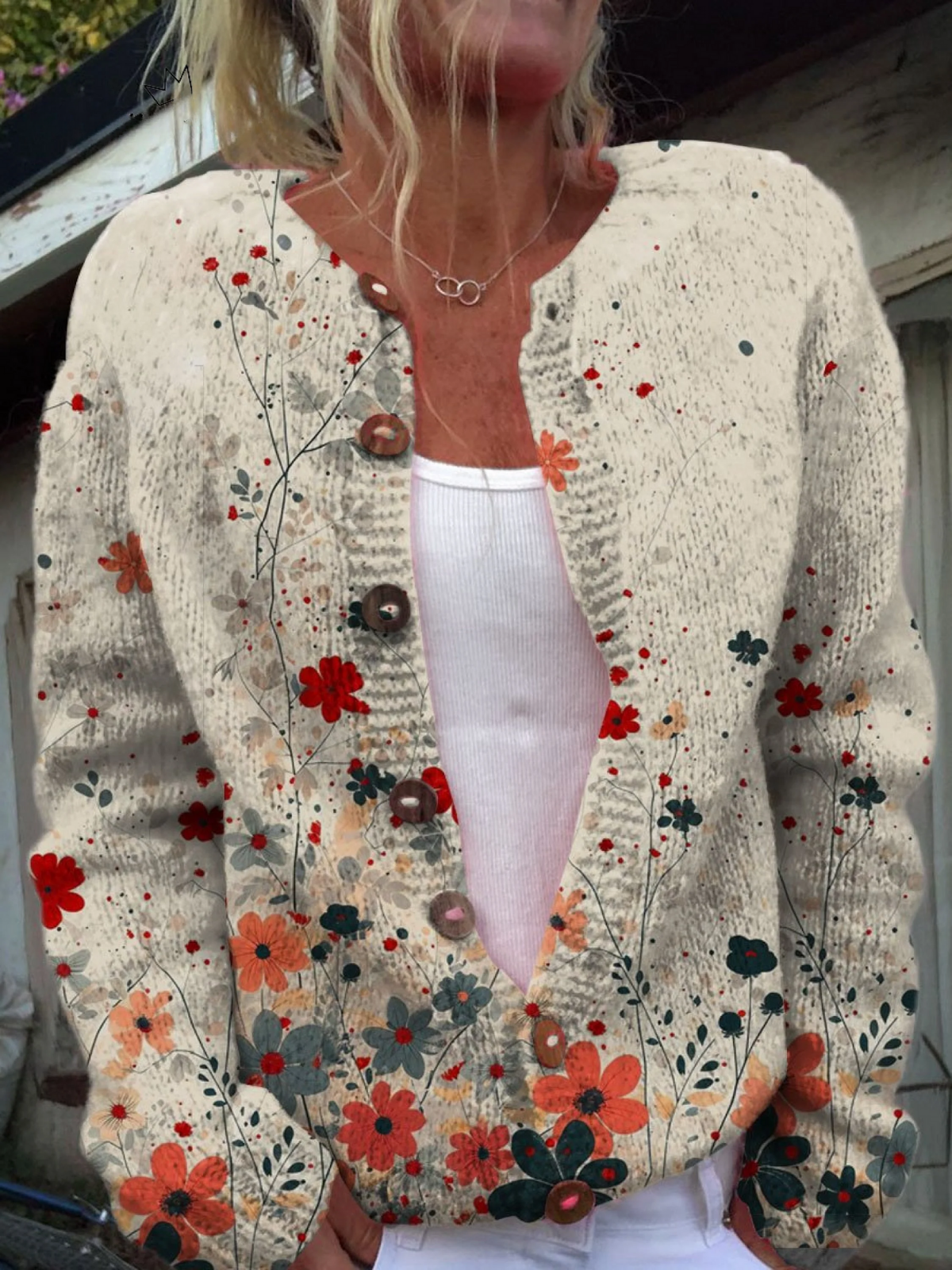 Sabrina vintage floral knit cardigan in cream, worn open front view