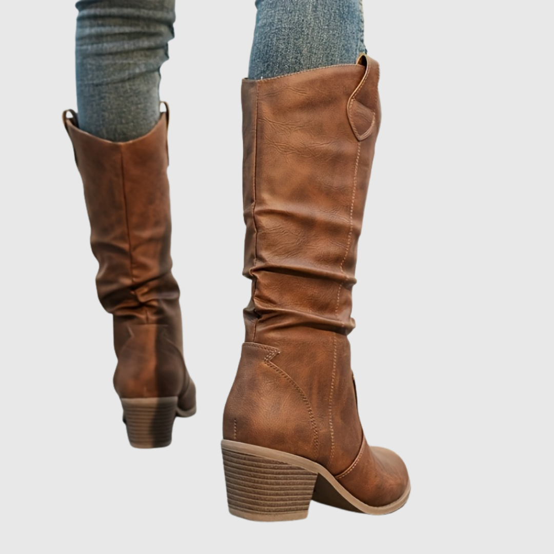 Hattie Western boots in light brown, back view showing block heel