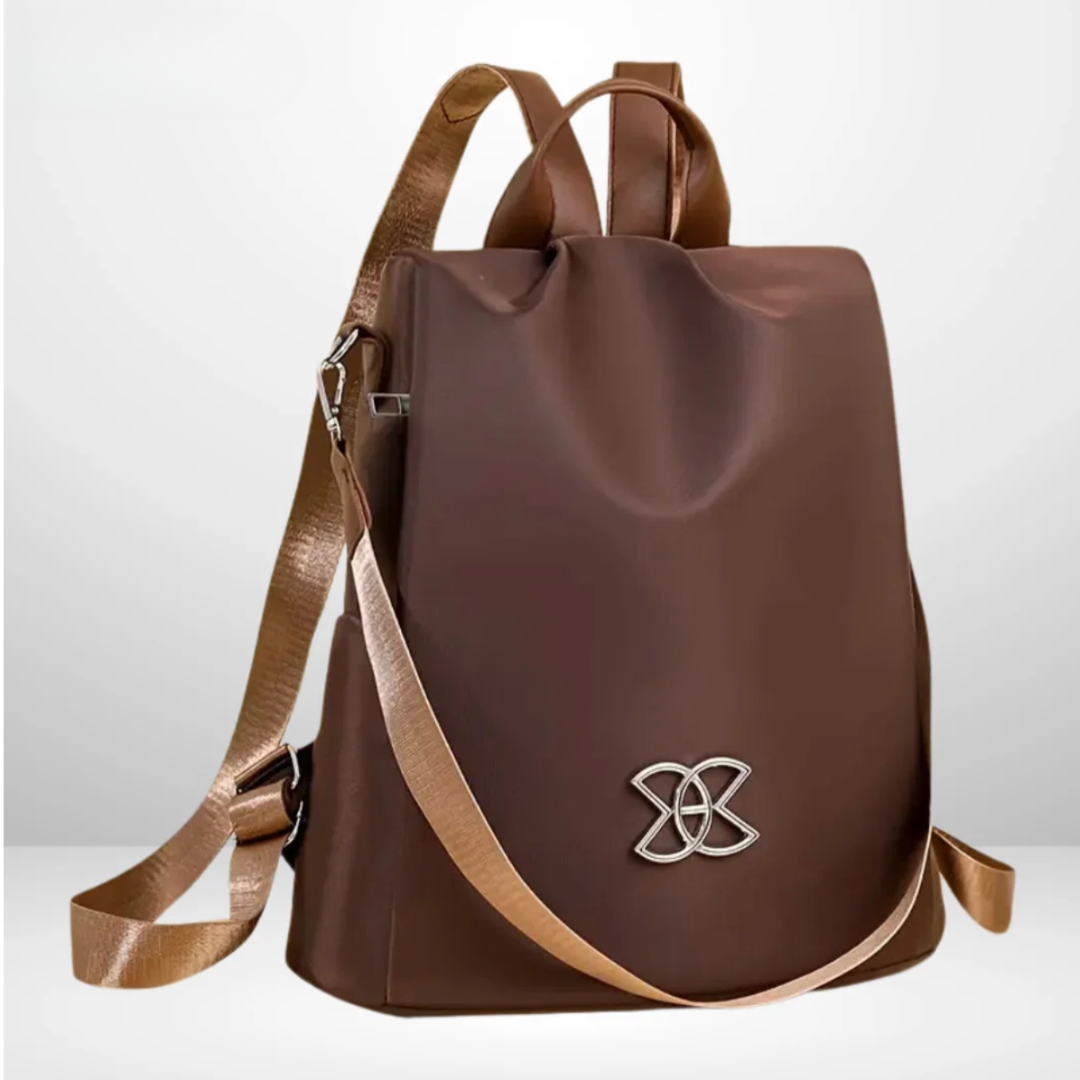 Rosalba anti-theft backpack in brown, angled front view