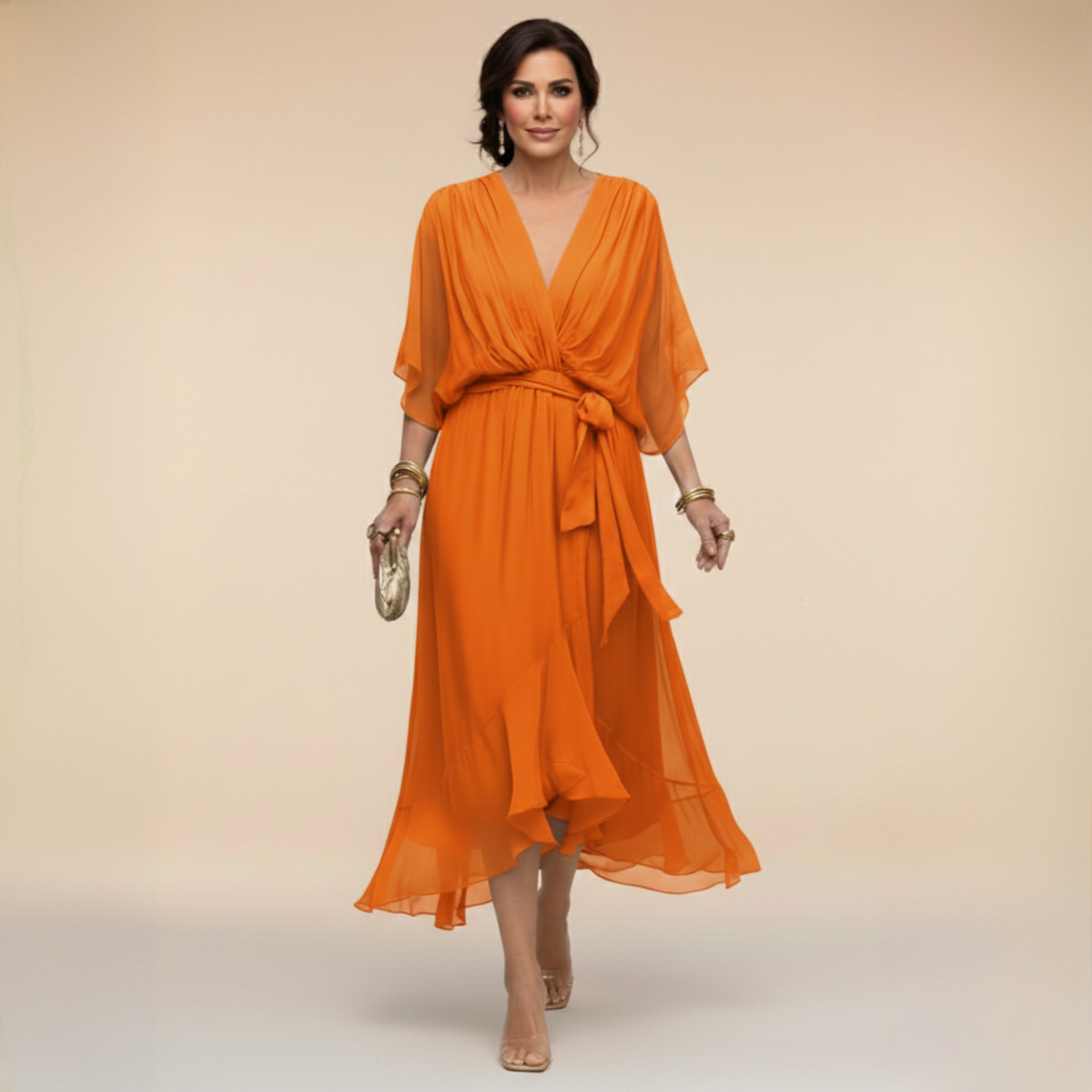 Monica wrap midi dress in orange, full-length front view