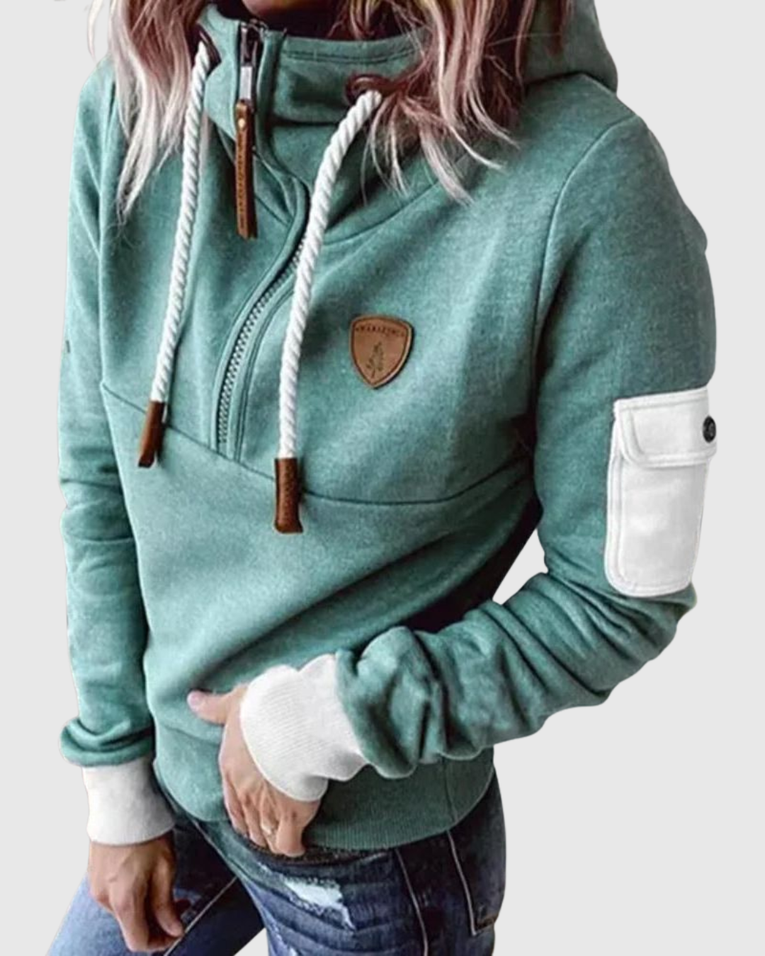 Lois knit pullover in green, front view on model