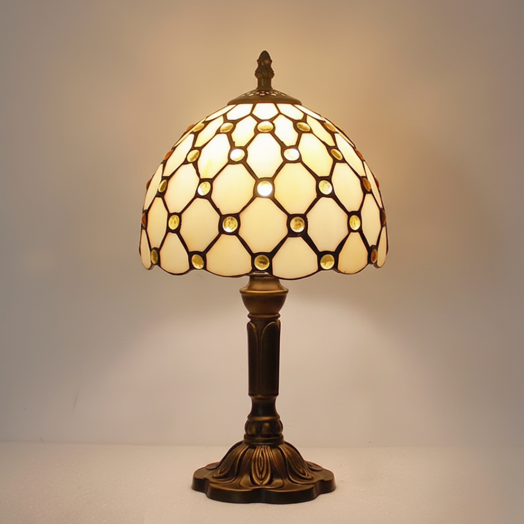 Golden Turtle stained-glass table lamp with cream and amber jewelled shade