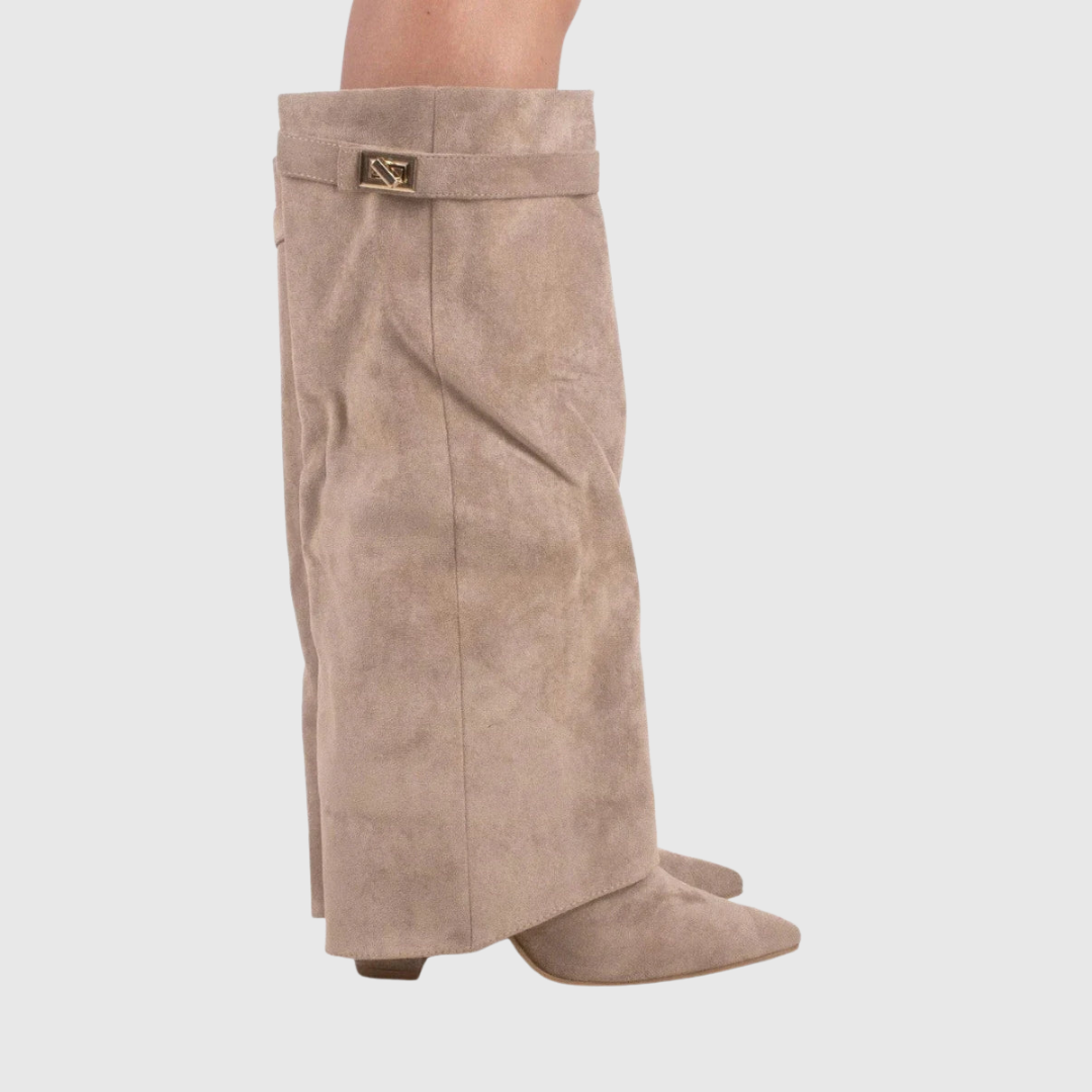 Lelene knee-high wedge boots in beige suede, pointed toe side view