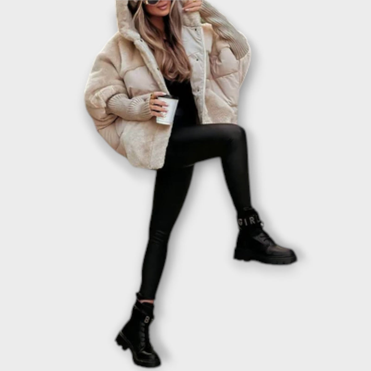 Elsie puffer jacket in beige, full-length front view