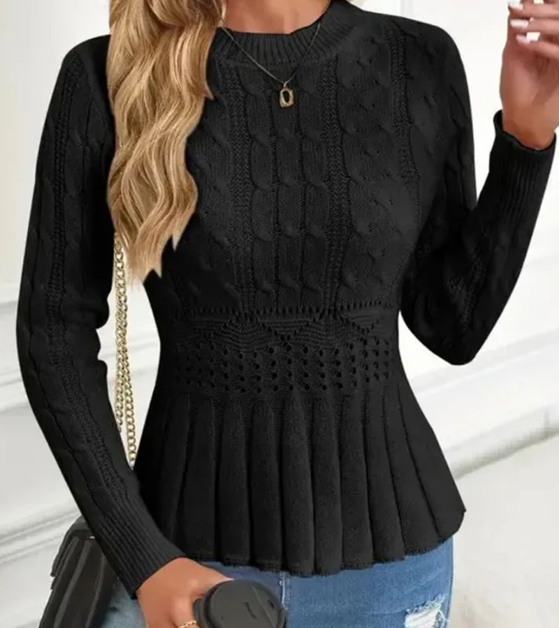 Seyla cable knit peplum sweater in black, front view