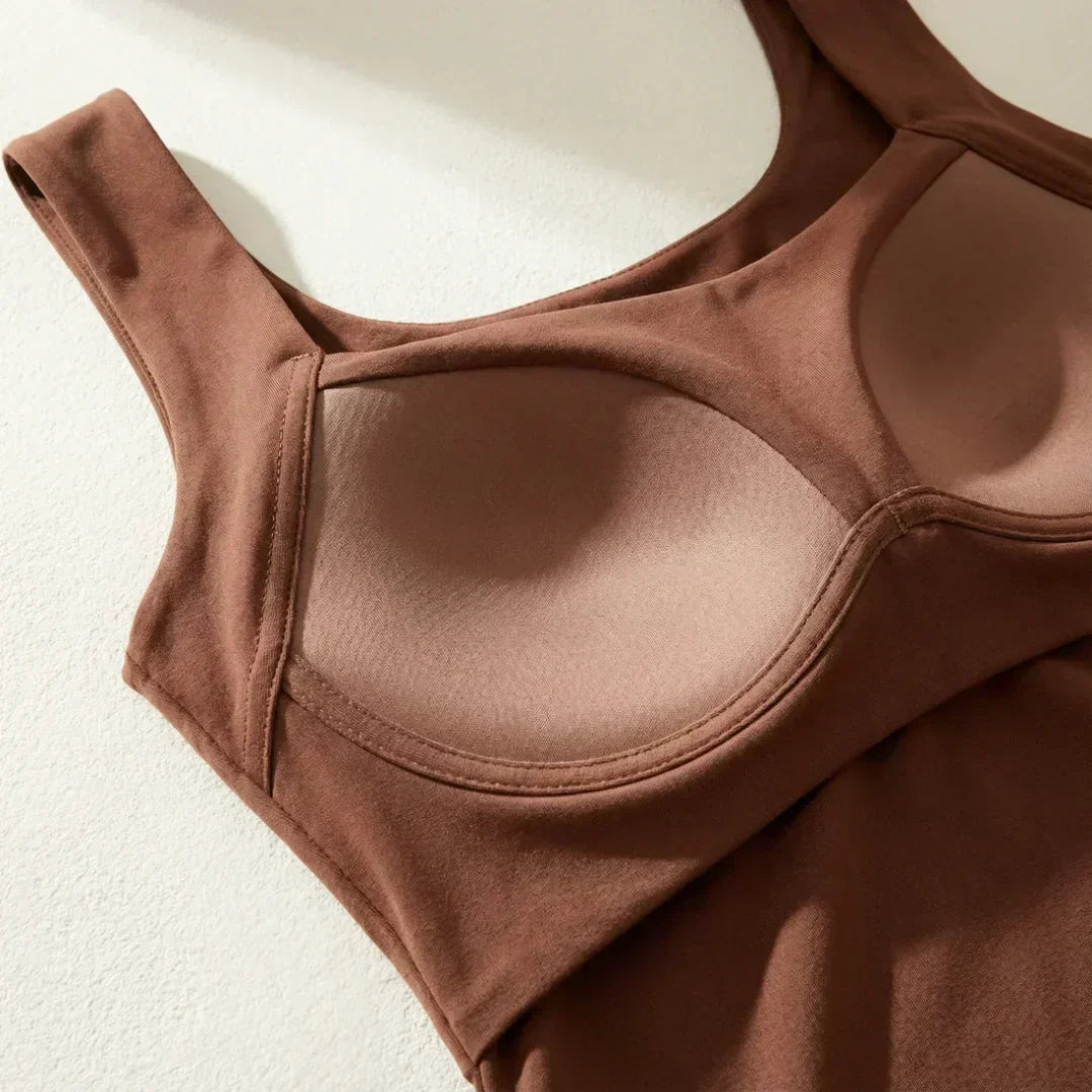 Roxanne tank top in coffee, detail of built-in padded bra