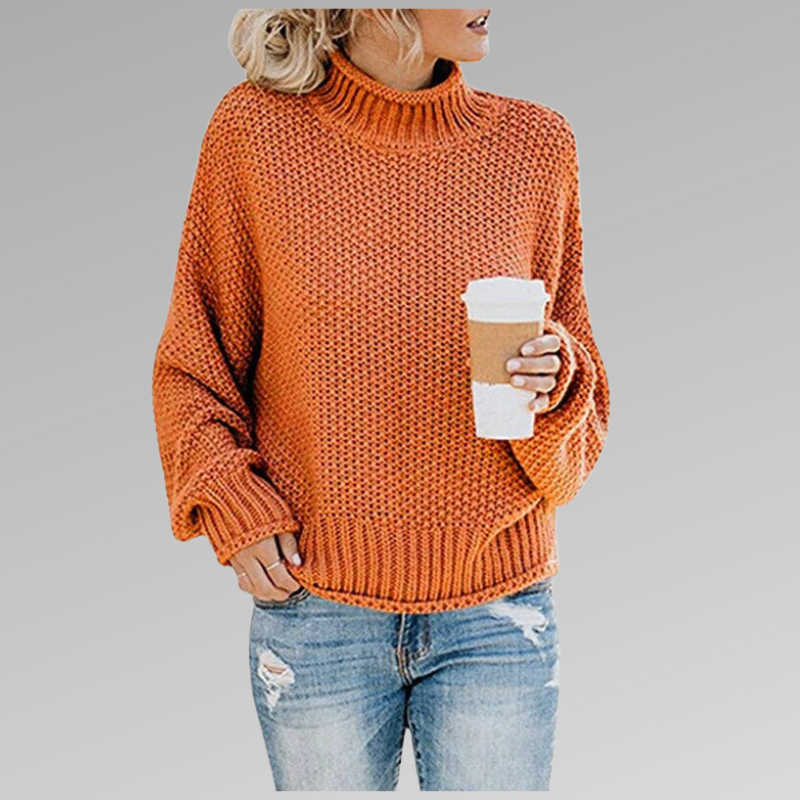 Valerianne elegant sweater in orange, front view with high rolled collar