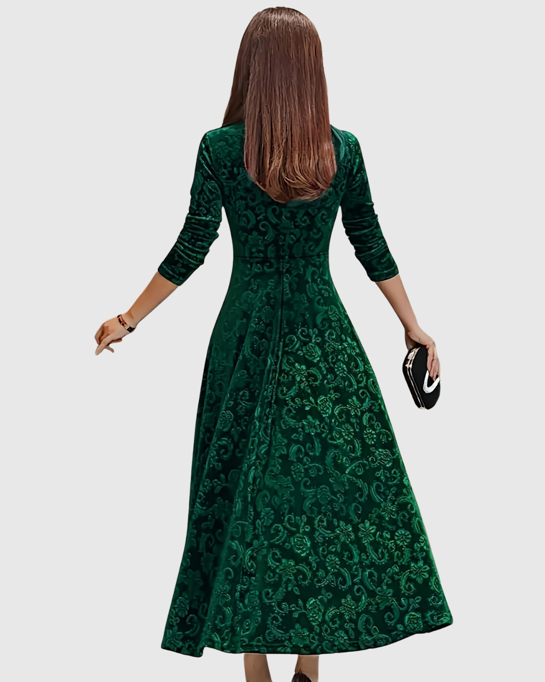 Vespera floral velvet midi dress in green, back view