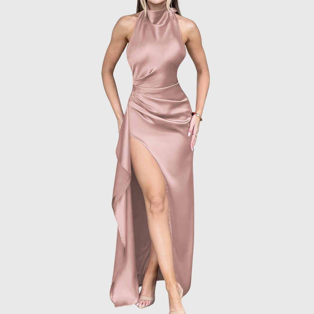 Tahlia satin evening dress in pink, full-length front view