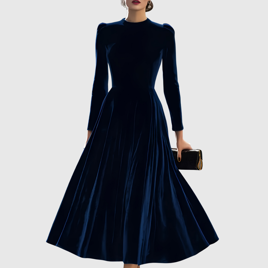 Soopie velvet occasion dress in navy blue, full-length front view