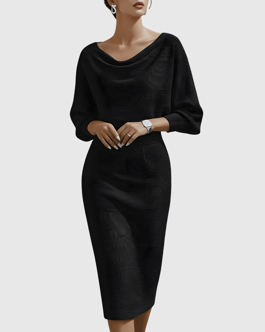 Isméria batwing midi dress in black, close front view of cowl neckline