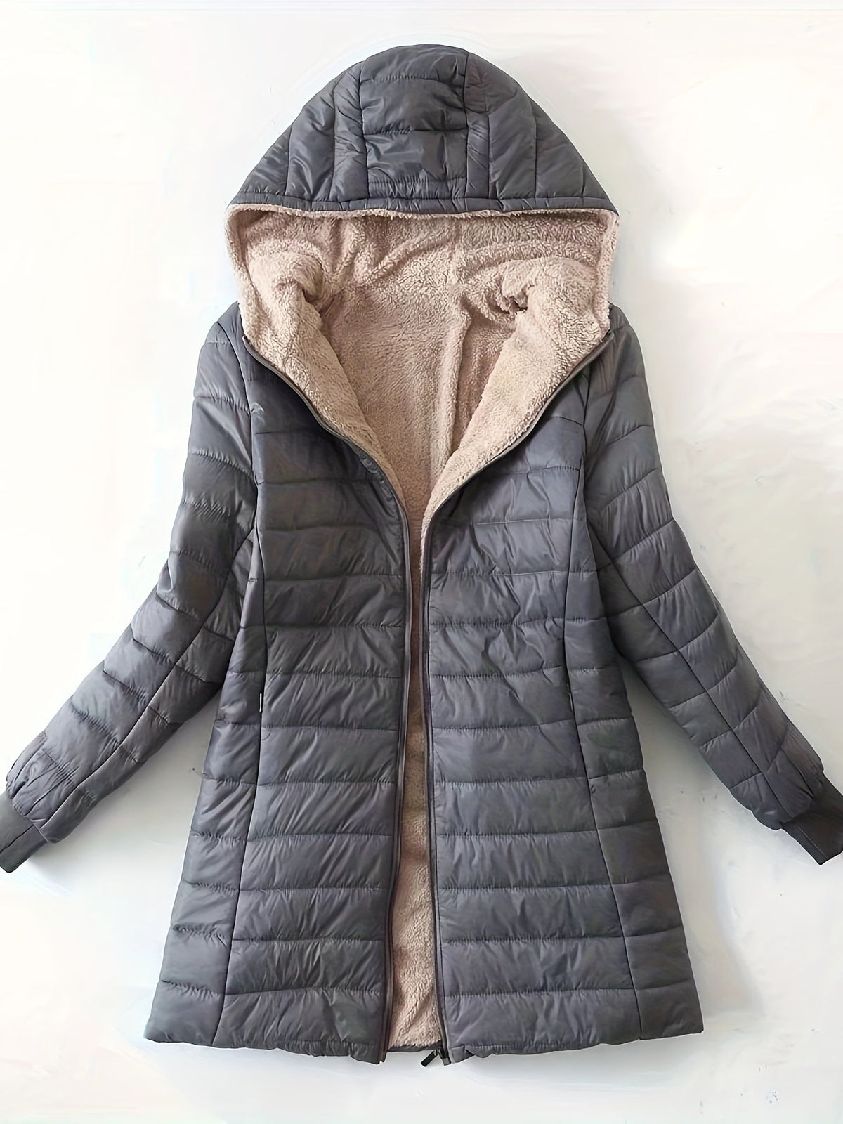 Lunera quilted hooded jacket in grey, laid flat showing soft hood