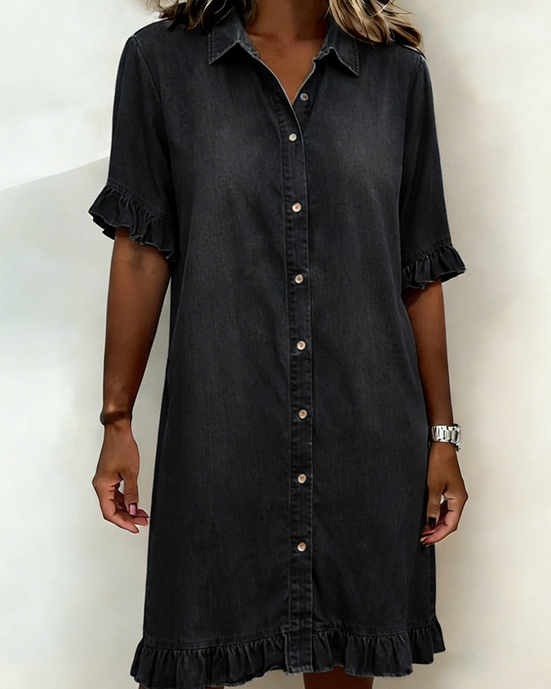 Maria denim shirt dress in black, full-length front view