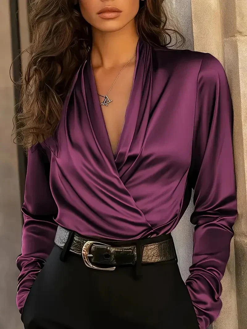 Rosalyn elegant V-neck top in purple, satin-like draped front view