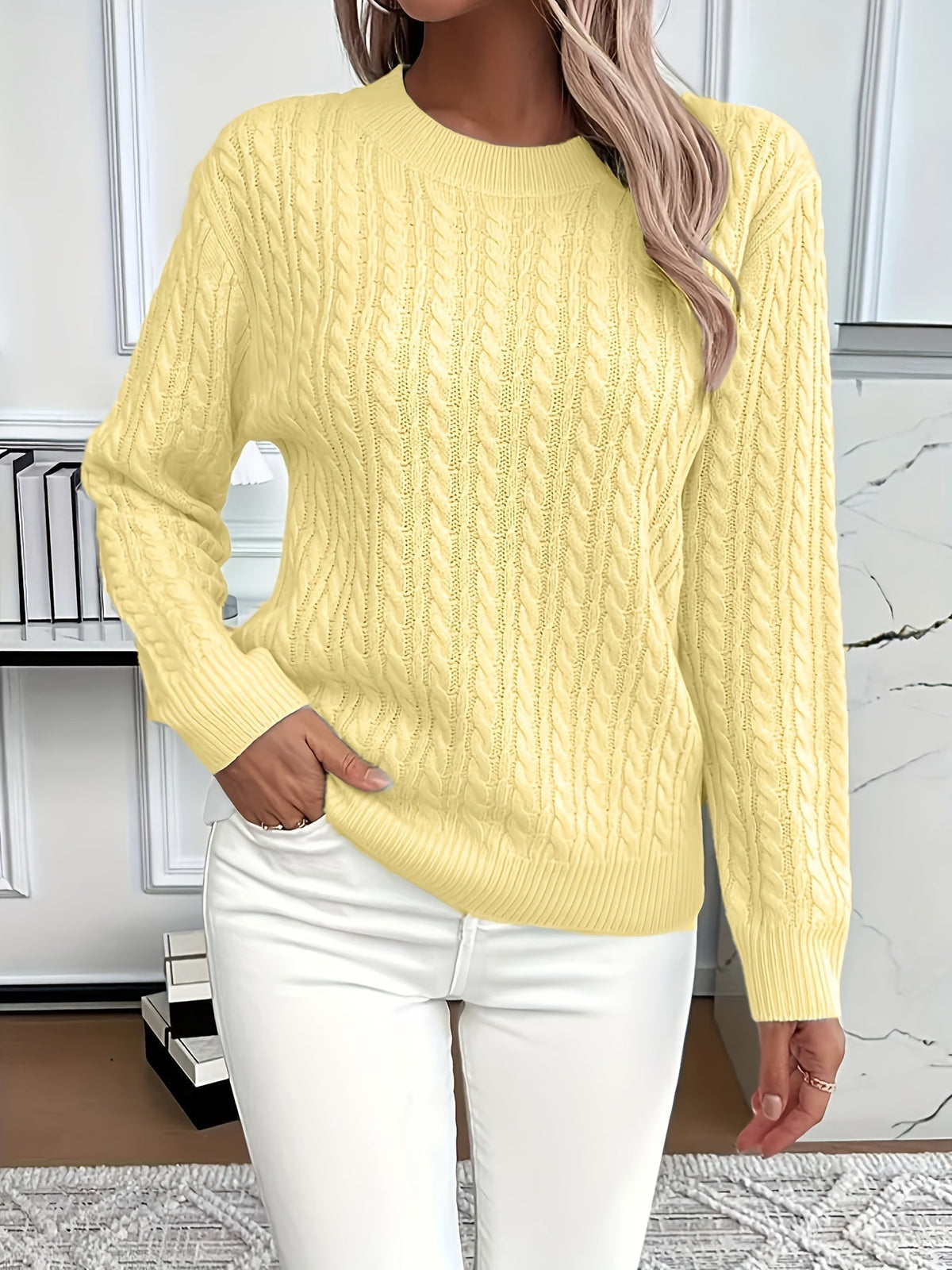 Bernila cable knit jumper in yellow, front view