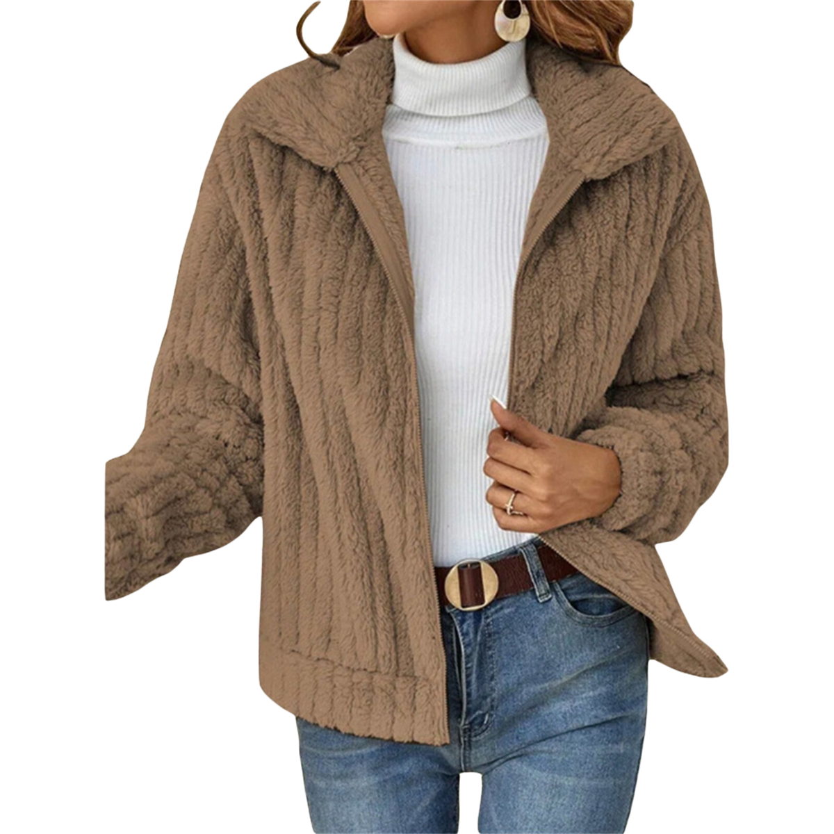 Sybil fleece winter jacket in brown, front view on model