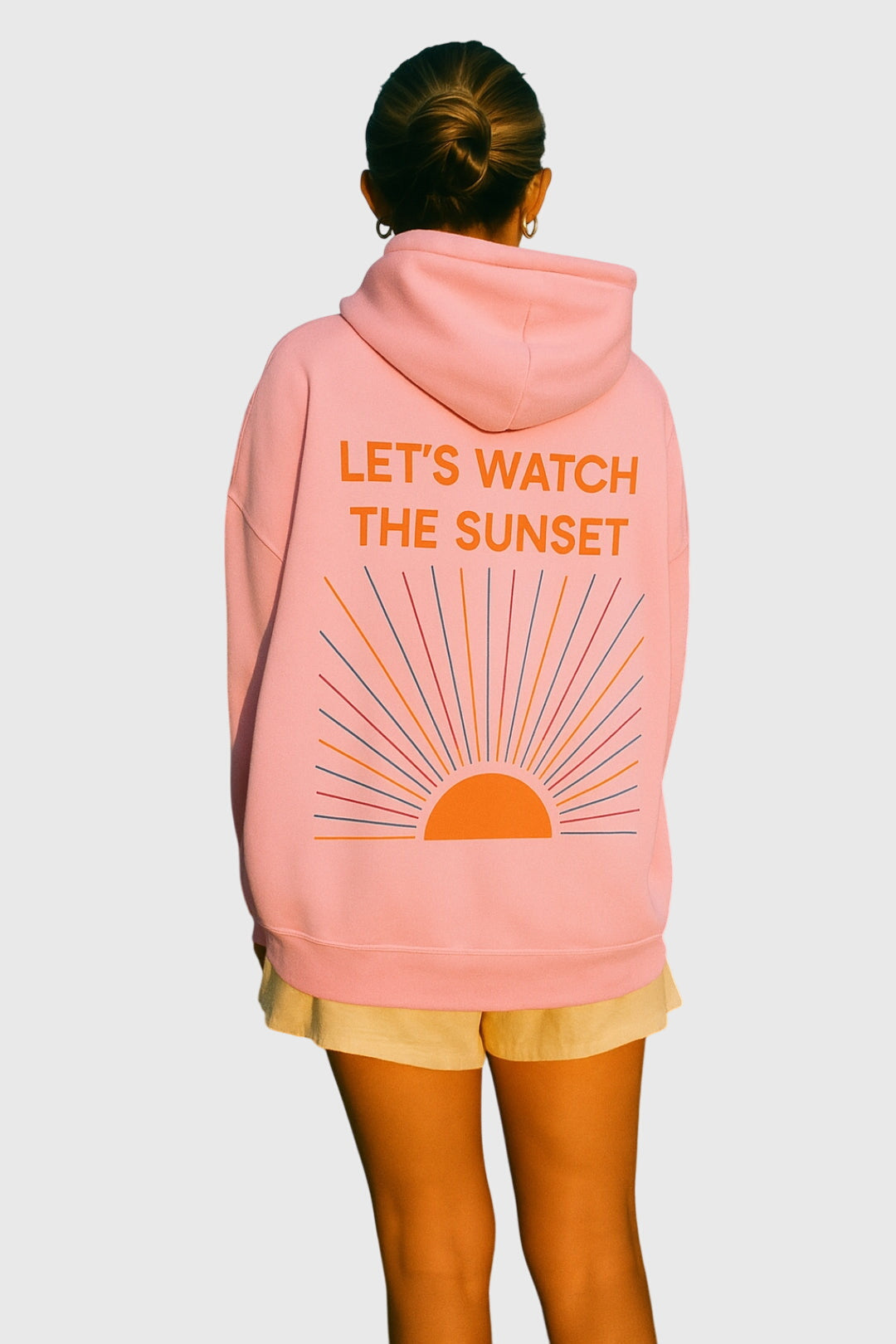 Zoey Evening Bliss hoodie in pink, back view with sunset graphic