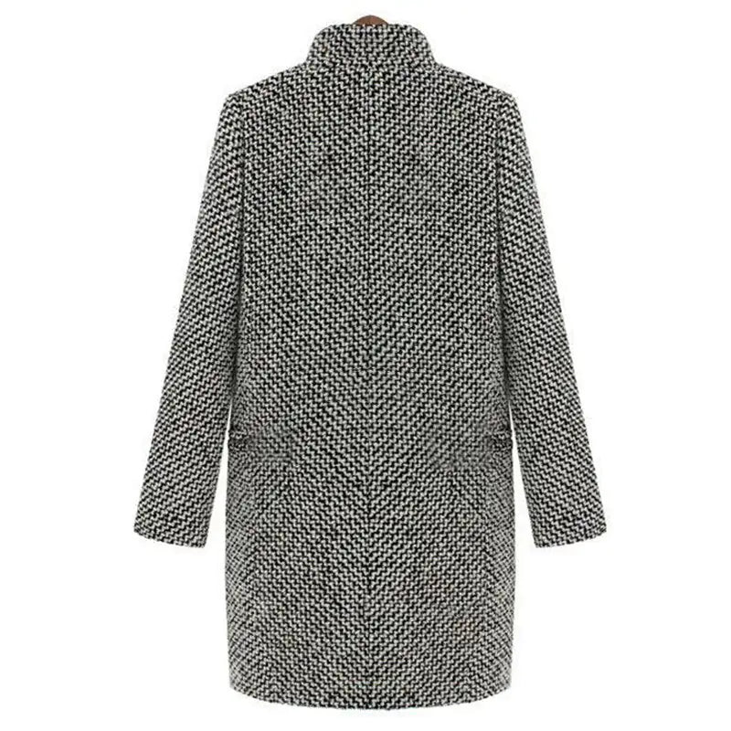 Evadine long coat in black and white check, back view