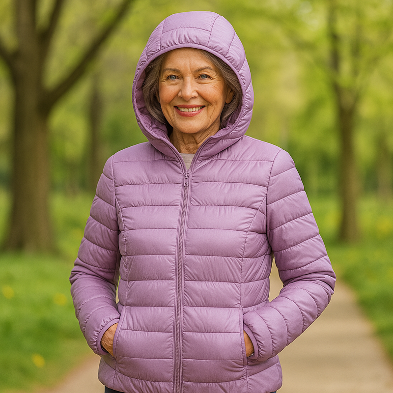 Metta transitional padded jacket in lilac, hood up front view
