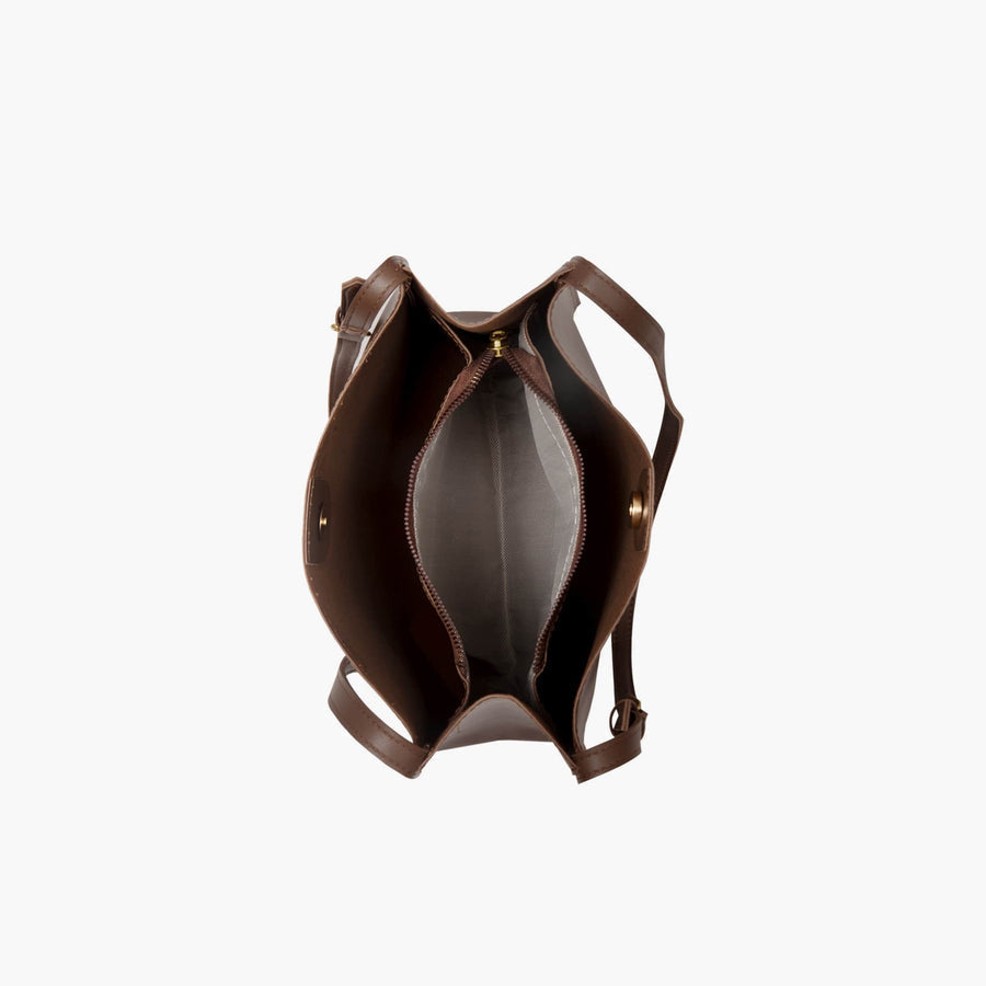 Viviana bag in brown seen from above showing the open interior