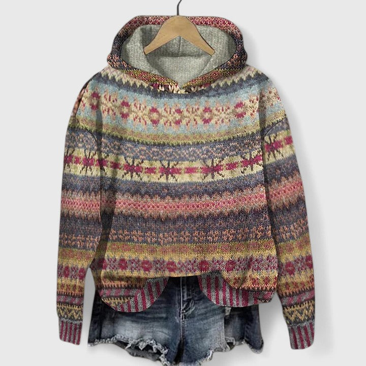 Elyvanyah patterned knitted hoodie in brown multicolour, front view