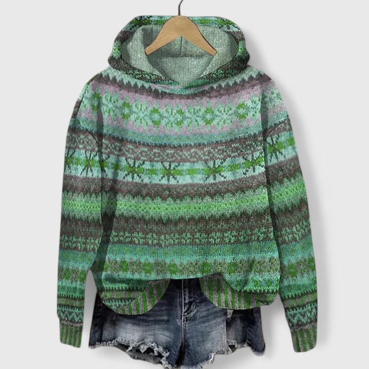 Elyvanyah patterned knitted hoodie in green, front view