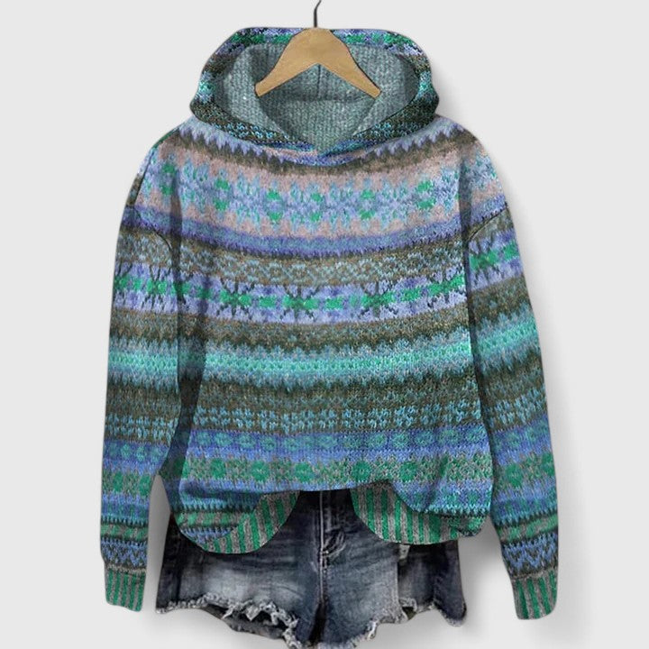 Elyvanyah patterned knitted hoodie in blue, front view