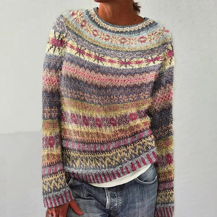 Loretta retro Scandinavian knitted sweater in multicoloured Nordic pattern, front view