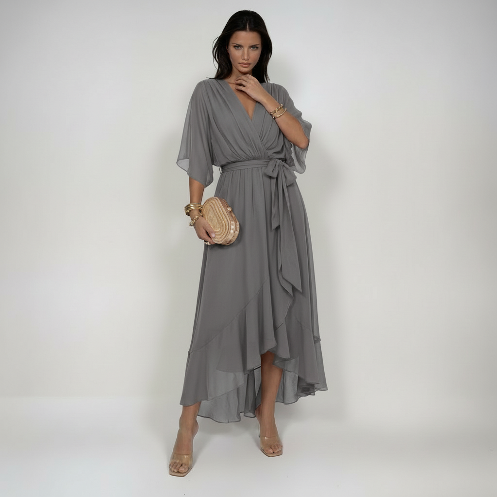 Marta V-neck chiffon dress in grey, full-length front view