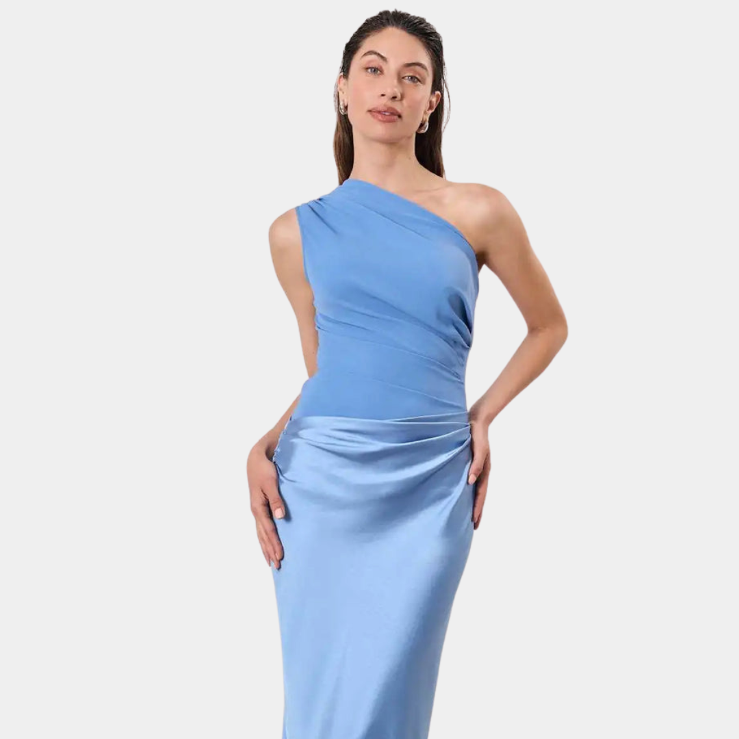 Aleida one-shoulder maxi dress in blue, front view of bodice and skirt