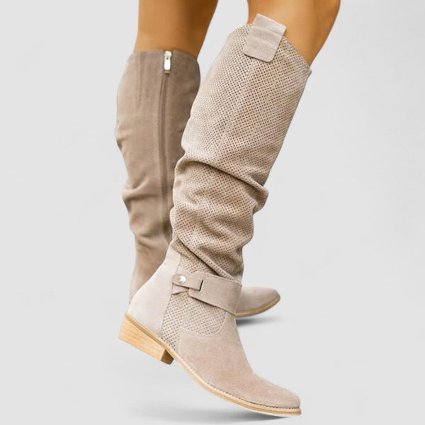 Georgiana slouch western knee boots in beige, front view