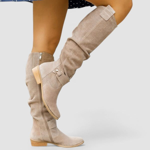 Georgiana knee boots in beige, side view showing zip