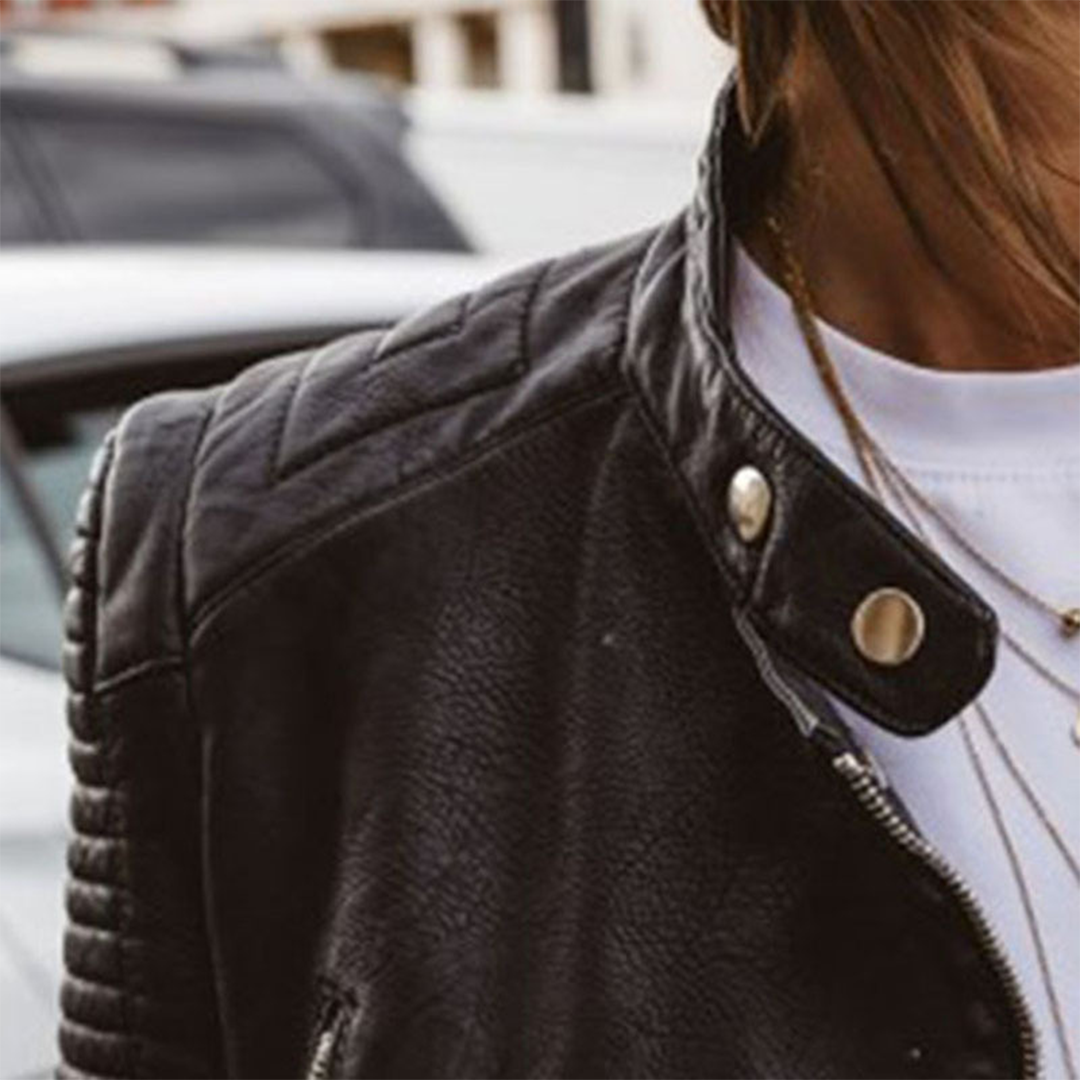 Sabrynne leather jacket in black, quilted shoulder and snap collar tab detail