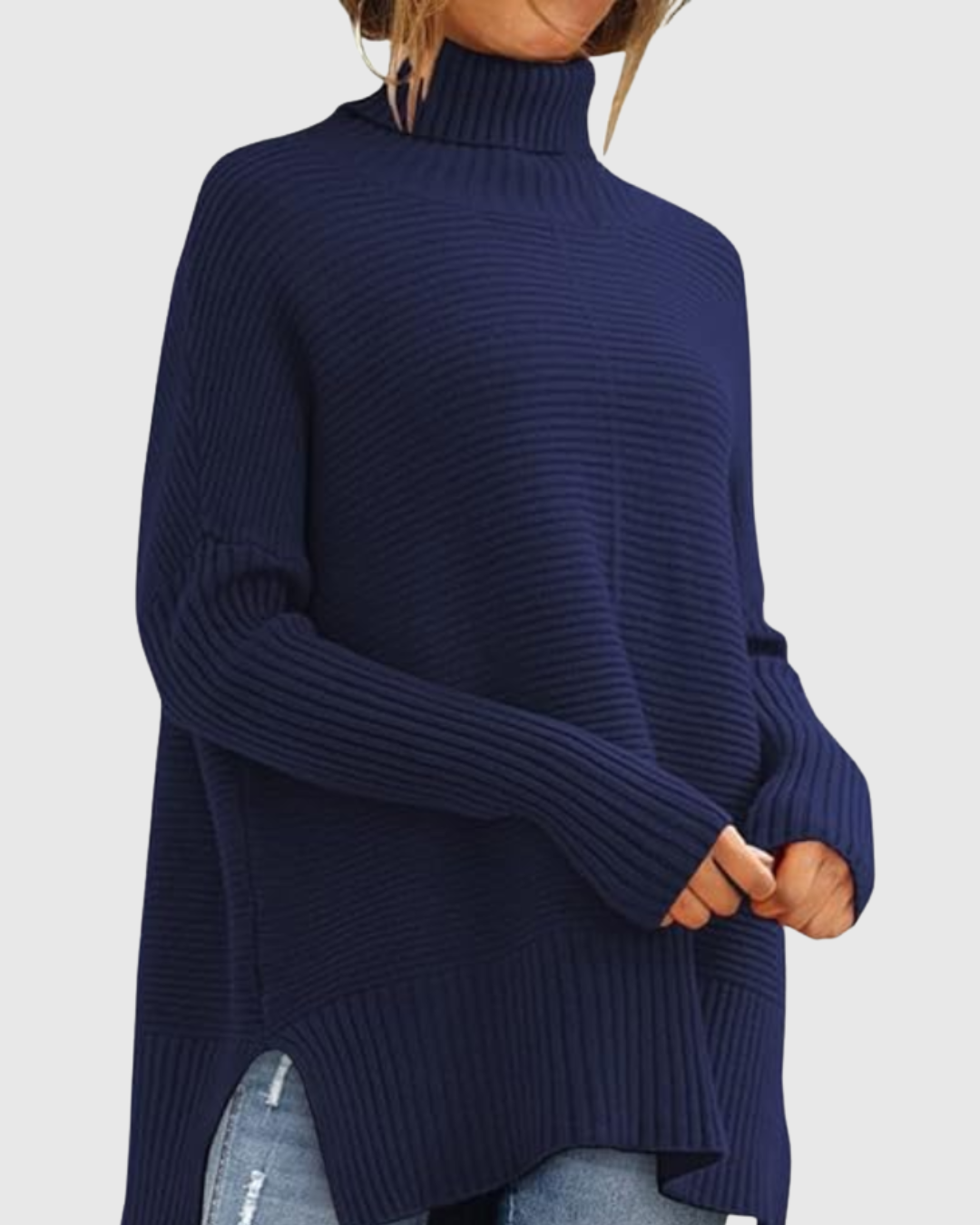 Aeronwen ribbed turtleneck knit jumper in navy blue, front view