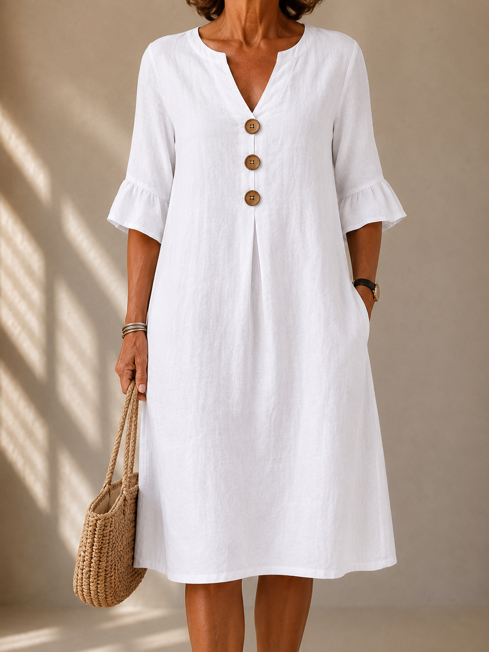 Nicole buttoned bell-sleeve dress in white, front view