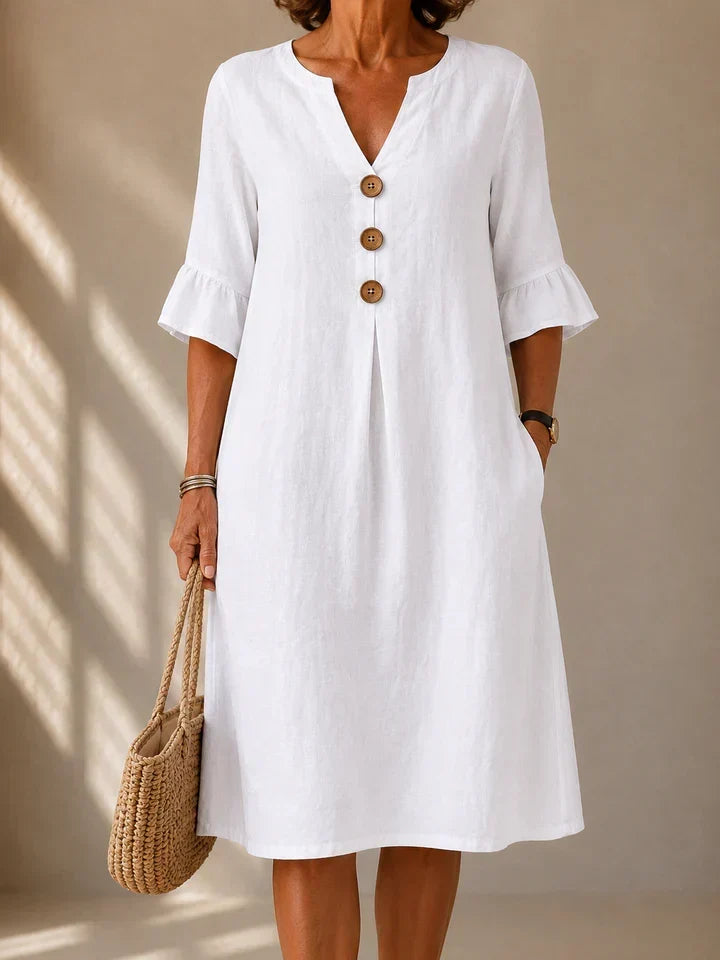 Charlotte buttoned gathered-front dress in white, front view